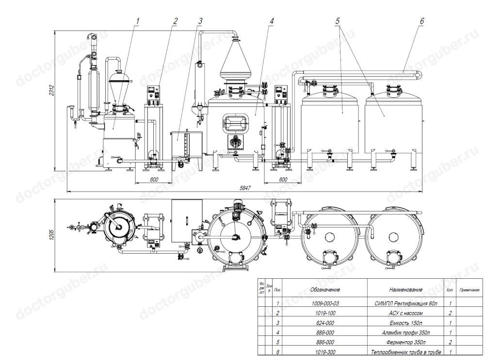 Габаритный чертеж комплекса для дистилляции от Фабрики Доктор Губер