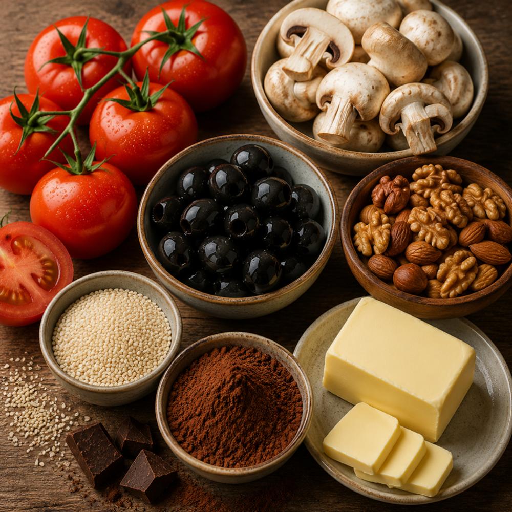 Томаты, грибы, оливки, орехи, кунжут, какао, сливочное масло