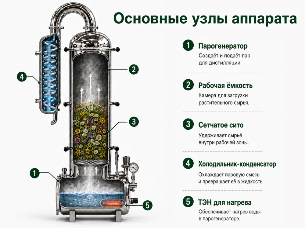 основные узлы гидролатора на парогенераторе